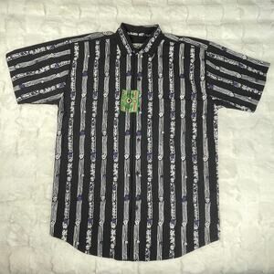 🔥NWT VTG Touch Stone Tribal Printed Striped White Black Mens Button Up Shirt